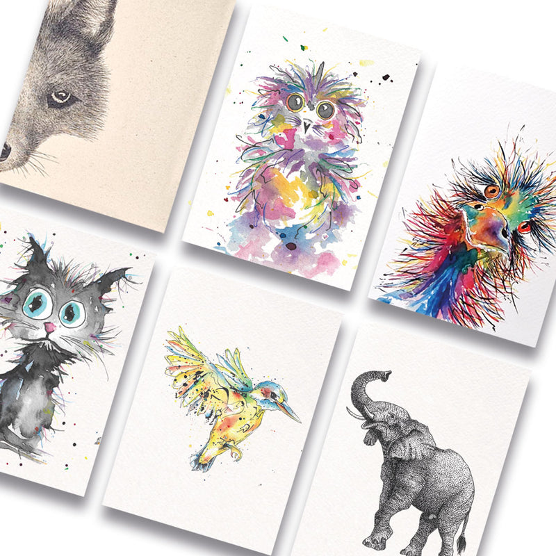 overzichtsfoto van gecombineerde fineliner dierenkaarten en kleurrijke dierenkaarten