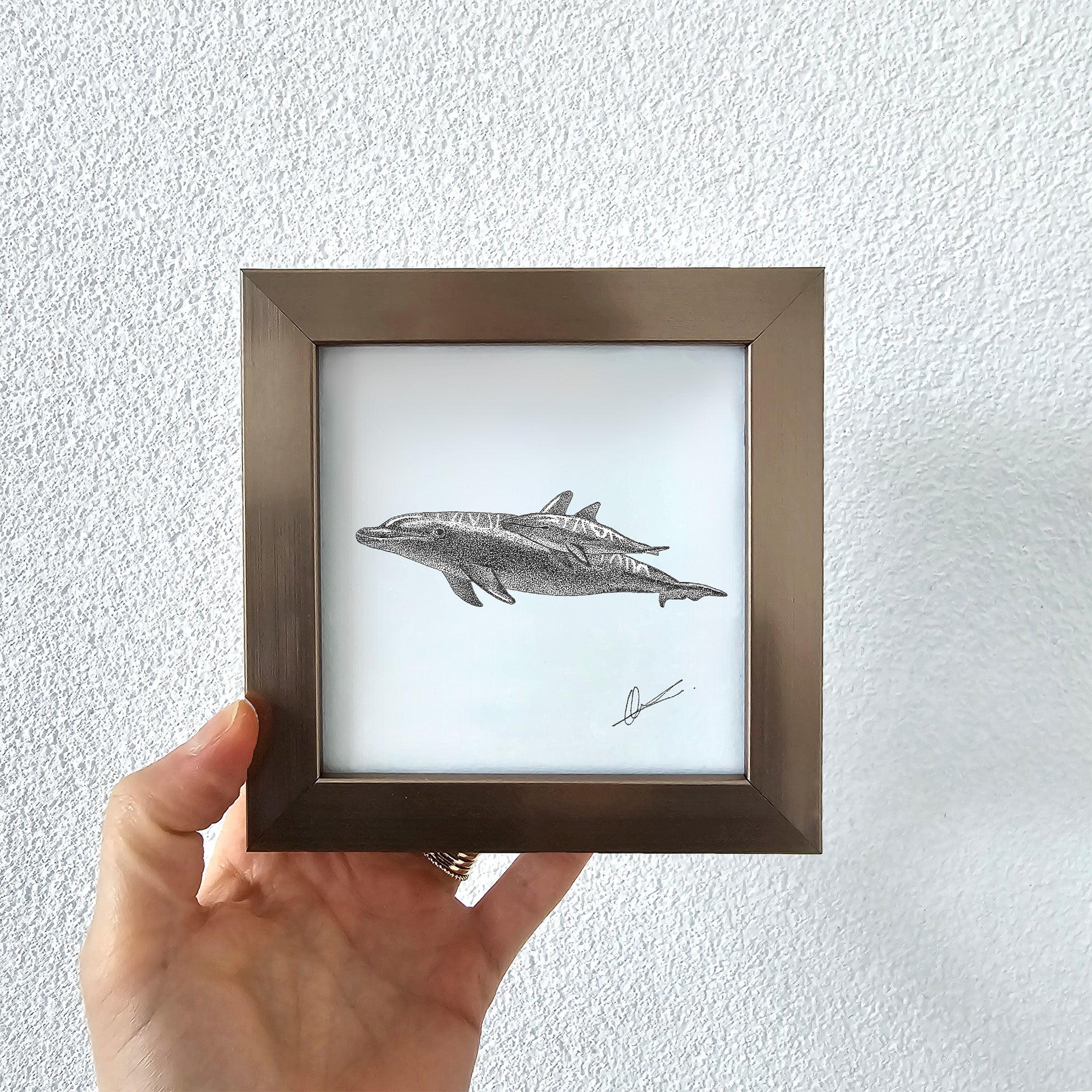 origineel-mini-dolfijn-zwart-wit-brons-ingelijst