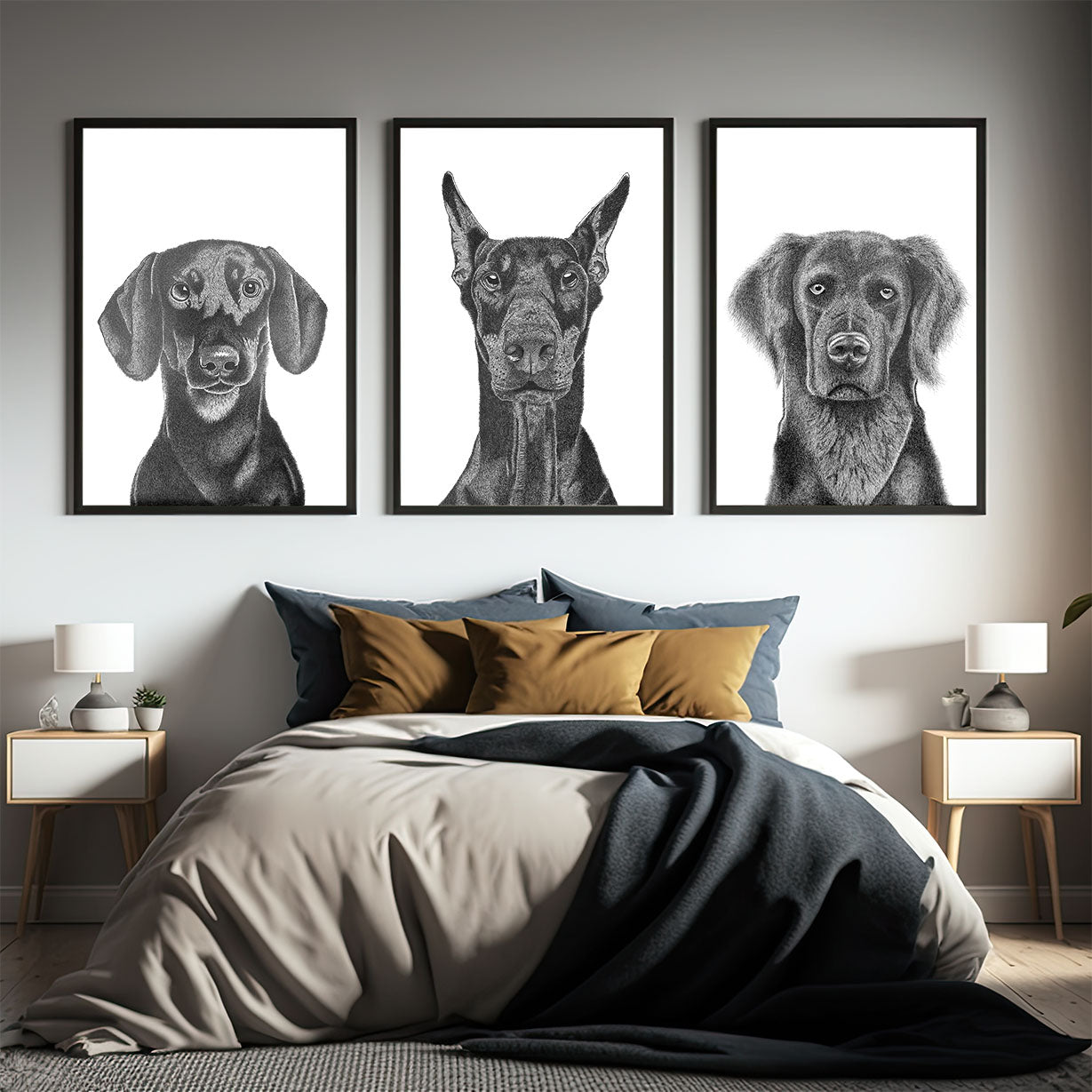 Reproducties van handgetekende honden aan de muur boven een bed