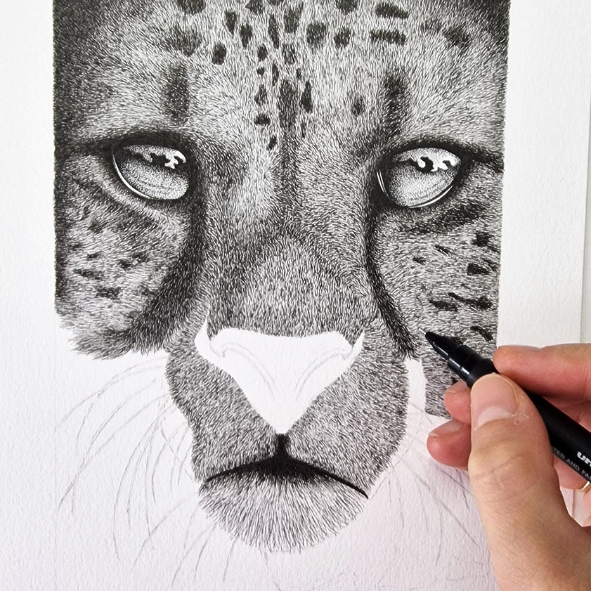 Cheetah wordt met de hand in zwart-wit getekend op papier met fineliner