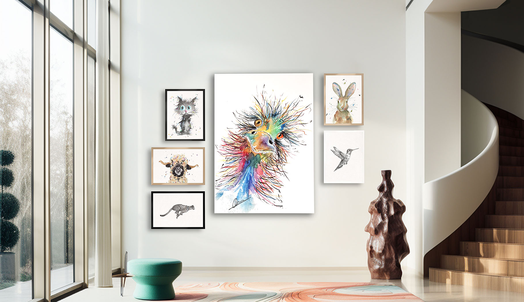 Muur met prints van handgemaakte dierenkunstwerken